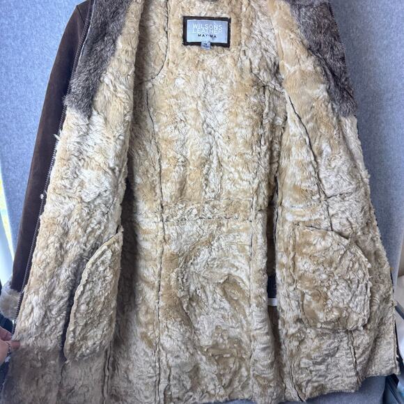 Wilsons Suede Penny Lane Leather Coat Womens Medium Brown Rabbit Fur Boho Toggle - Picture 15 of 15